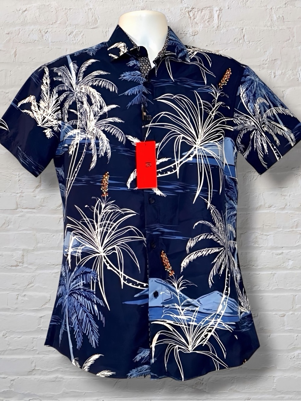 BC Collection Men’s Palm Tree Button-Up Shirt | Navy Tropical Print |Size S |NWT